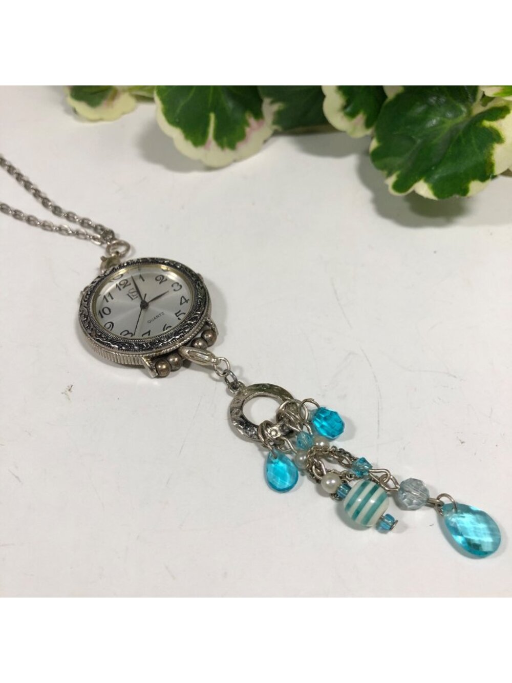 Watch Pendant Necklace Upcycled Silver Tone Chain Blue Removable Dangles 24in